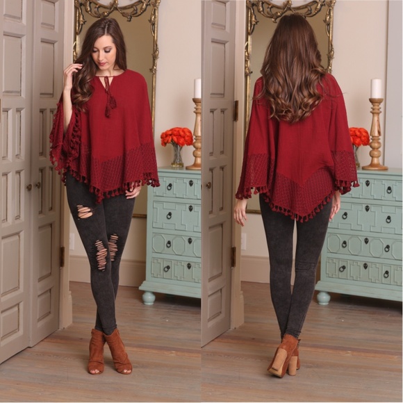 2 a T Boutique Tops - Burgundy Crochet lace poncho top